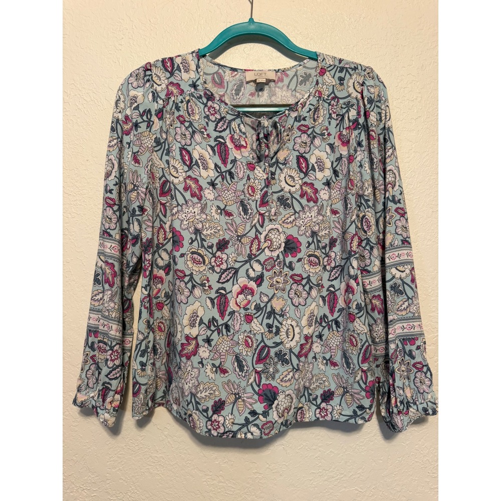 LOFT Outlet Petite Floral Long Sleeve Blouse Blue Pink Split Neck MP s/790041